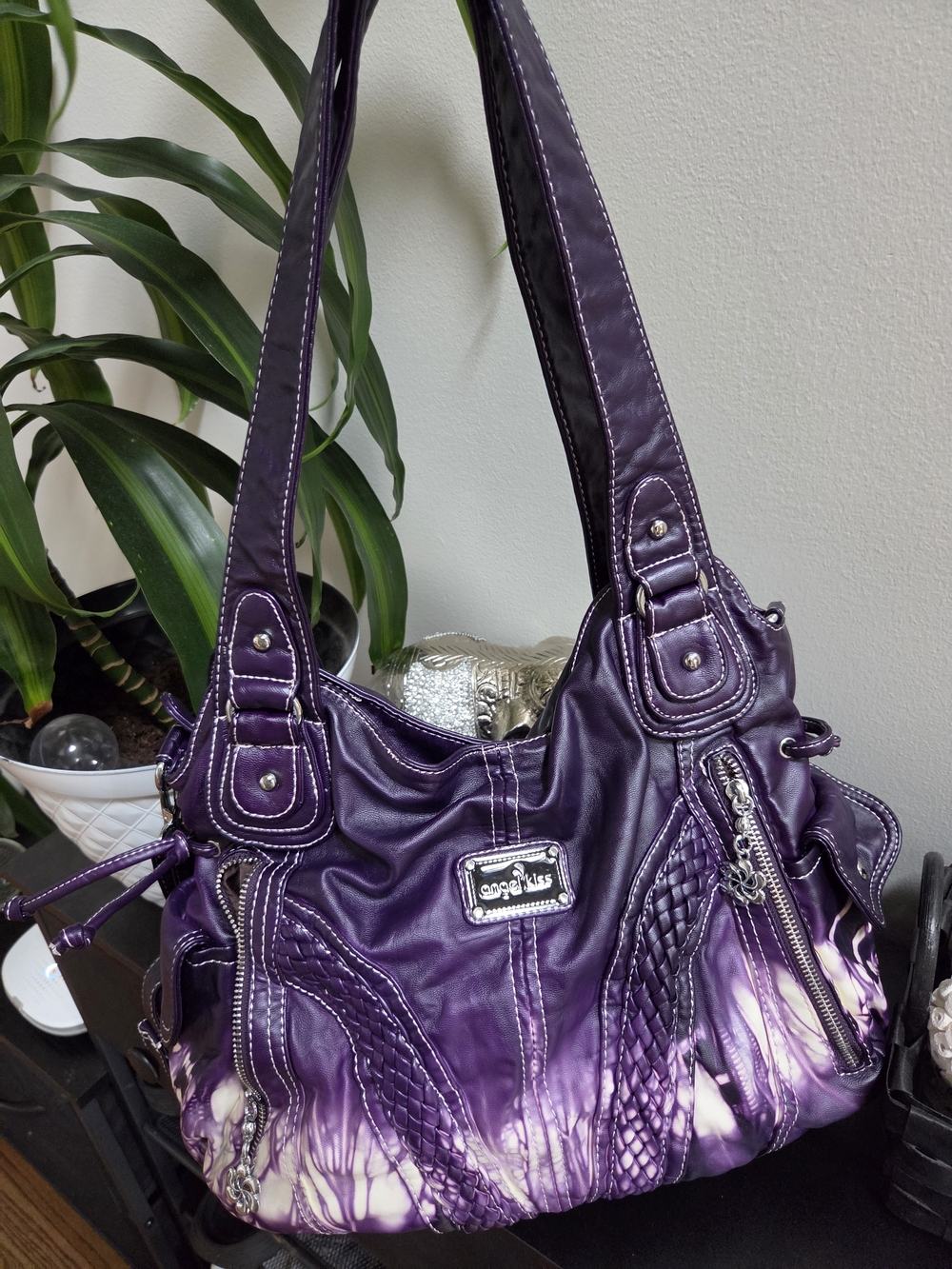 Angel Kiss Large Purple Purse Shoulder Bag Hobo Tote Purse Mutipocket - Picture 5 of 8